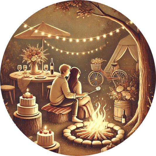 Paar bei einem Candle-Light-Dinner unter einer Lichterkette – verträumte Abendatmosphäre am Lagerfeuer.