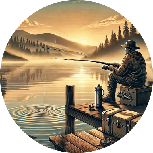 Mann beim Angeln am See im Sonnenuntergang, ruhige Atmosphäre mit Naturkulisse und Holzsteg.