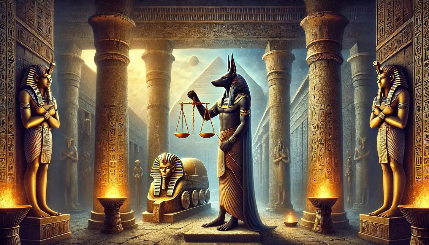 Anubis hält eine Waage zur Seelenwägung im ägyptischen Totengericht. Die Szene spielt in einem monumentalen Tempel mit Statuen und sakraler Beleuchtung.
