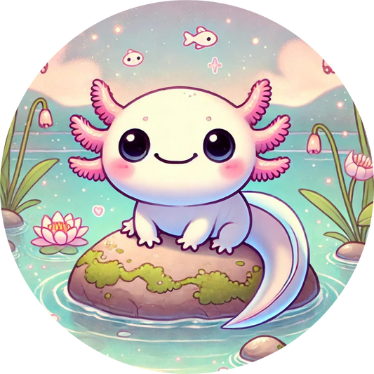 Axolotl sitzt auf einem Stein mit Moos, Regenbogenfarben im Hintergrund