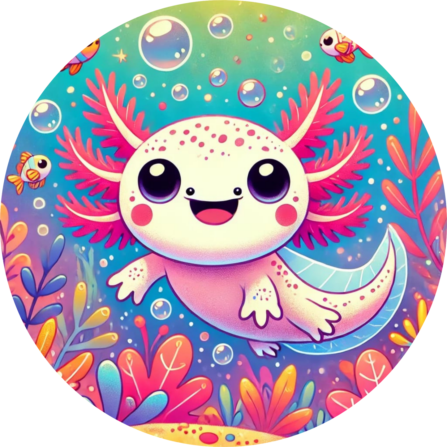 Axolotl in Zauberwelt mit leuchtenden Farben und glitzerndem Hintergrund