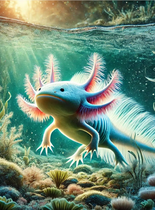 Axolotl im Wasser zwischen Seerosen – leuchtend und verträumt