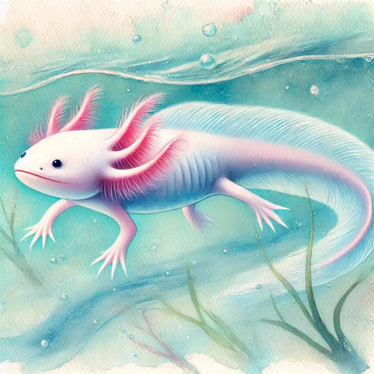 Axolotl in türkisblauer Unterwasserszene mit Pflanzen im Hintergrund
