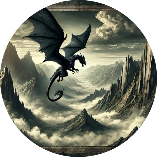 Drache im Flug über zerklüfteter Gebirgslandschaft