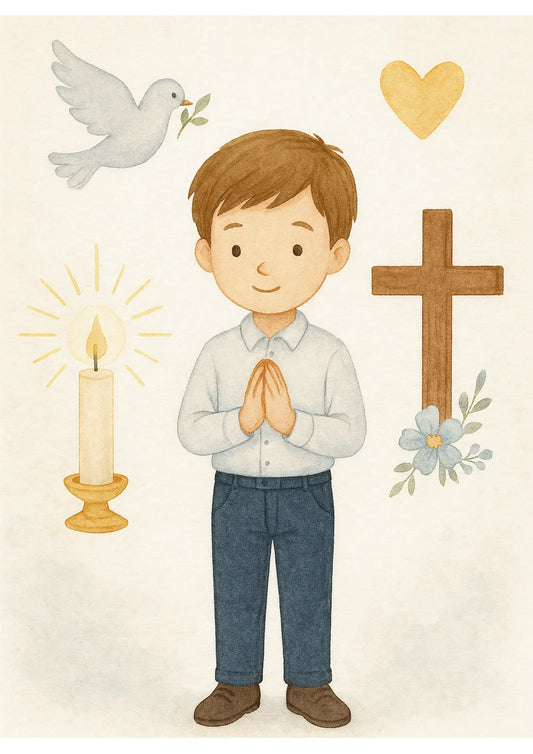 Betender Junge mit Kreuz, Kerze und Taube – schlichtes Motiv zur Kommunion oder Konfirmation