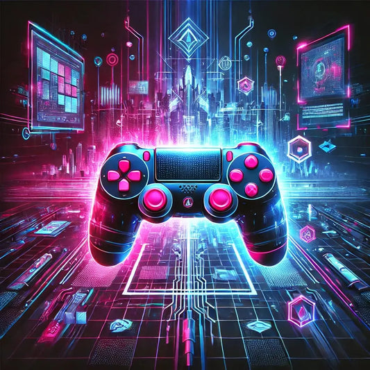 Gamecontroller im Neonstil – Ein leuchtender Gamecontroller mit Pixeleffekten und digitalem Rasterhintergrund in Neonfarben.