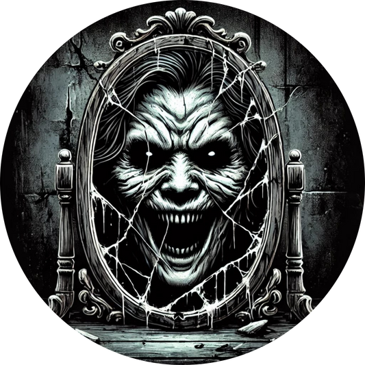 Finsteres Horror-Gesicht mit Fratze und mechanischen Details – in Schwarz-Weiß.