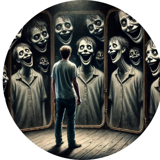 Gruppe von Skelettmenschen in grauen Anzügen mit starren Blicken