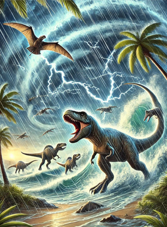 Zwei Dinosaurier kämpfen unter einem stürmischen Himmel mit Blitzen im Hintergrund.