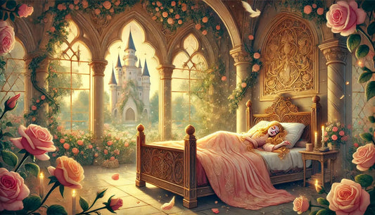 Romantische Szene aus Dornröschen – das schlafende Mädchen liegt auf einem Bett in einem blühenden Schlosszimmer. Rosen umranken das Fenster.
