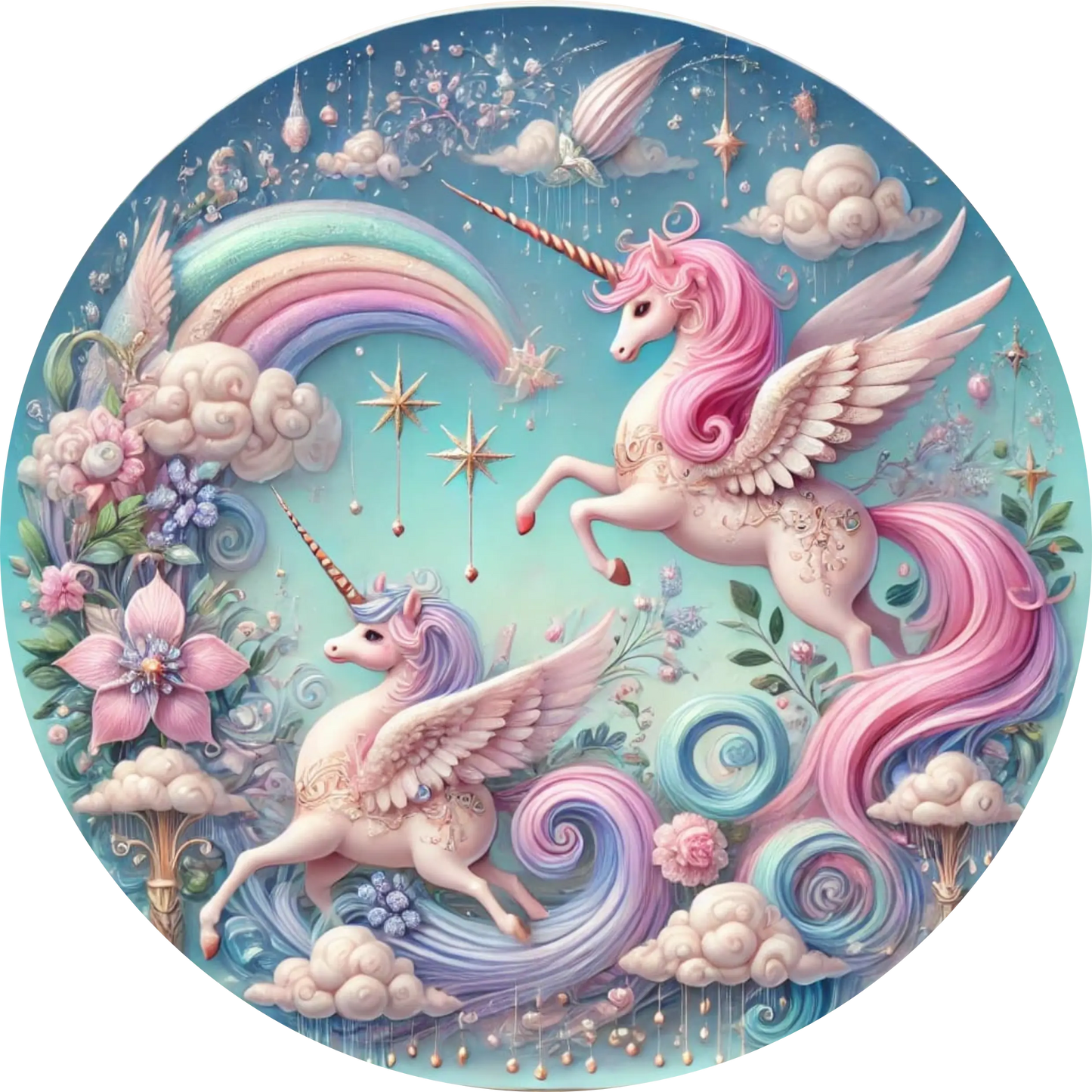 Zwei rosa Einhörner spielen auf einer glitzernden Blumenwiese