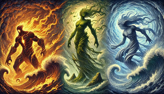 Die Naturelemente: Feuer, Licht und Wasser als Figuren dargestellt