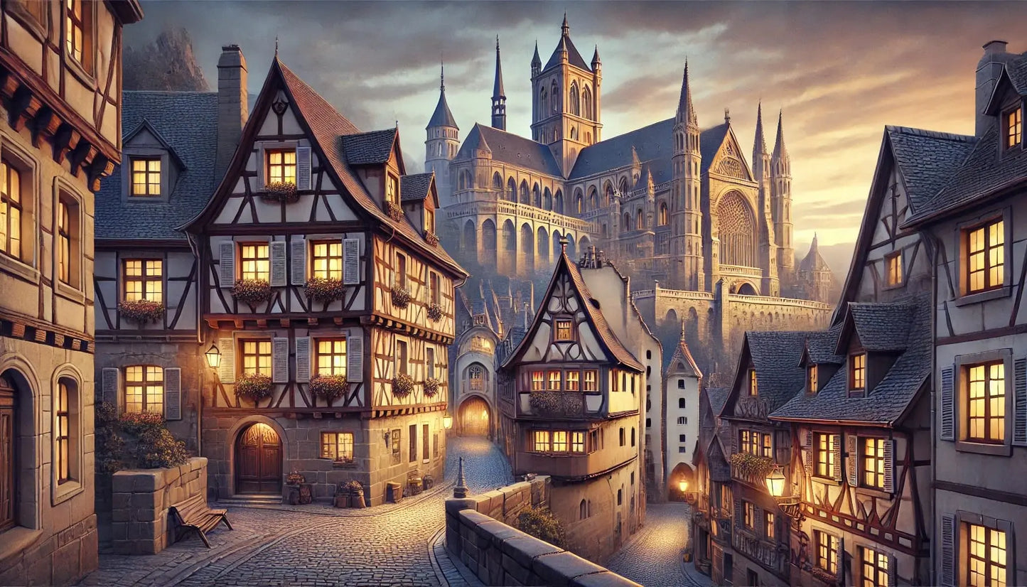 Mittelalterliche Altstadt mit beleuchteten Fachwerkhäusern und imposanter gotischer Kathedrale im Hintergrund.