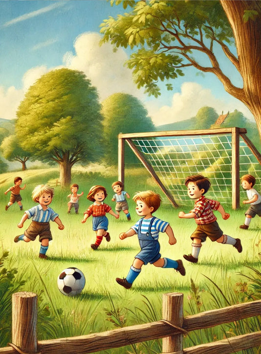 Fußballspiel im Park mit Kindern bei Sonnenschein.