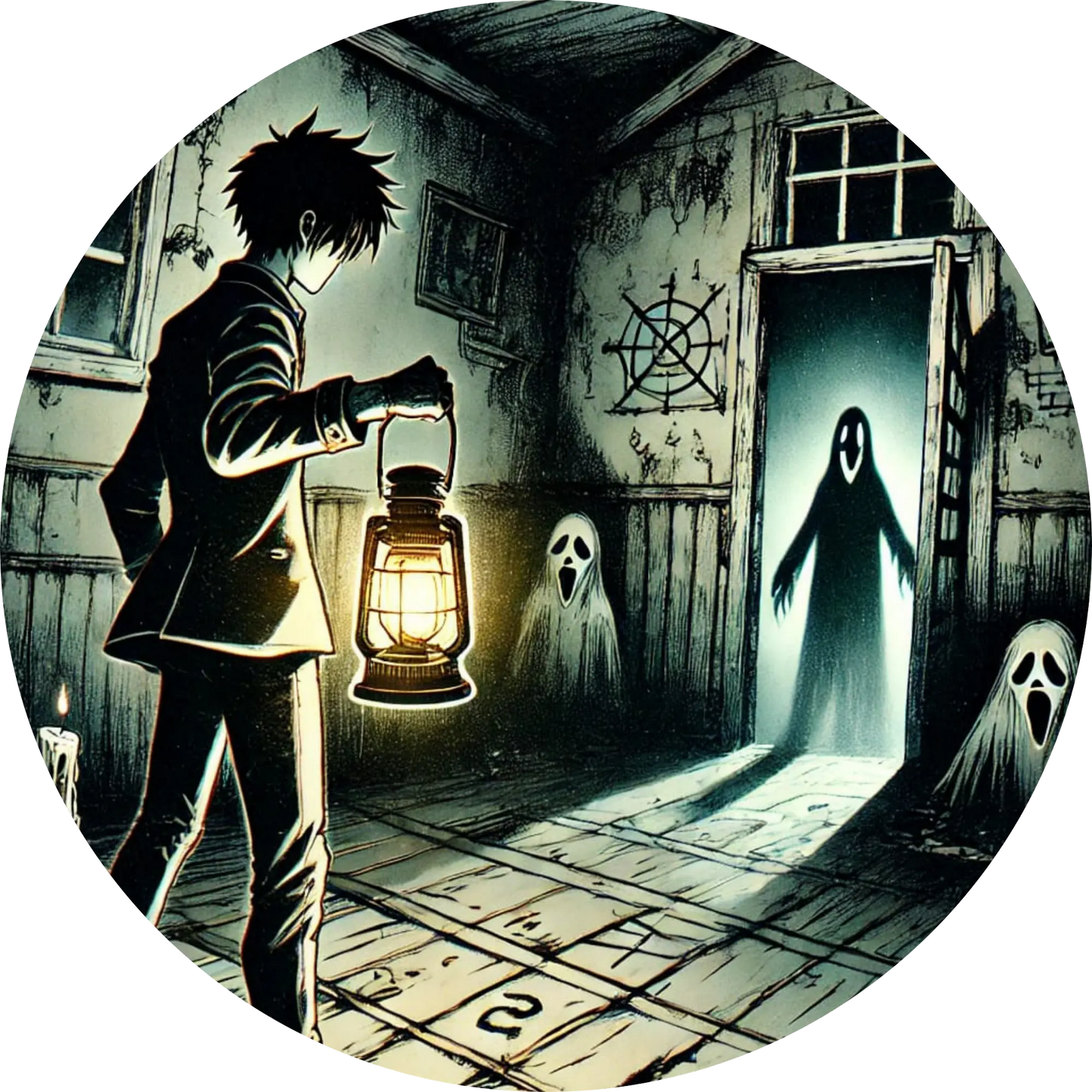 Junge mit Laterne in verlassener Schule, begegnet geisterhafter Erscheinung im Flur