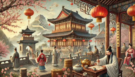 Idyllische Szene in einem asiatischen Teehaus – mit roten Lampions, alter Architektur und ruhigem Gespräch am Tisch.