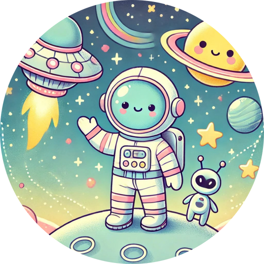 Niedliches Kind im Raumanzug vor einem bunten Weltraumhintergrund