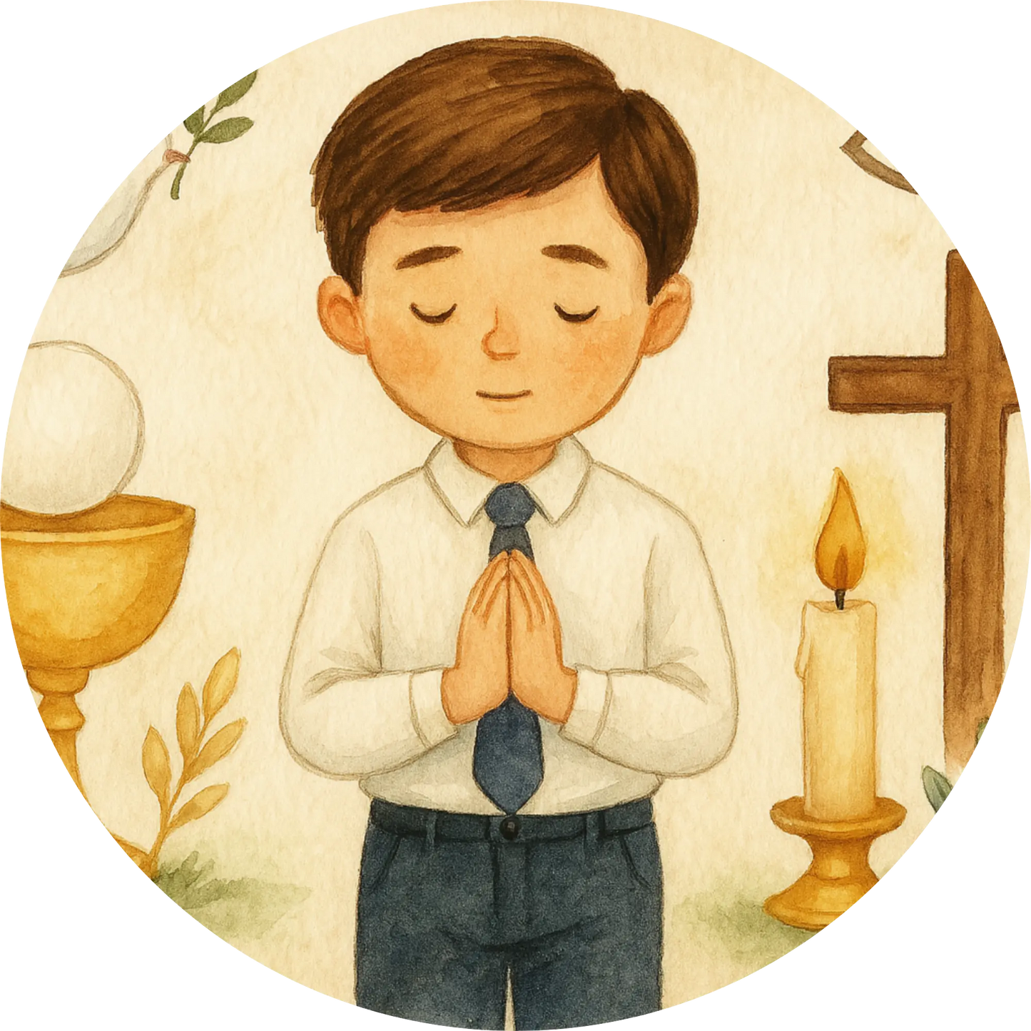 Junge mit Kelch, Kerze und betenden Händen – ruhiges Konfirmationsmotiv