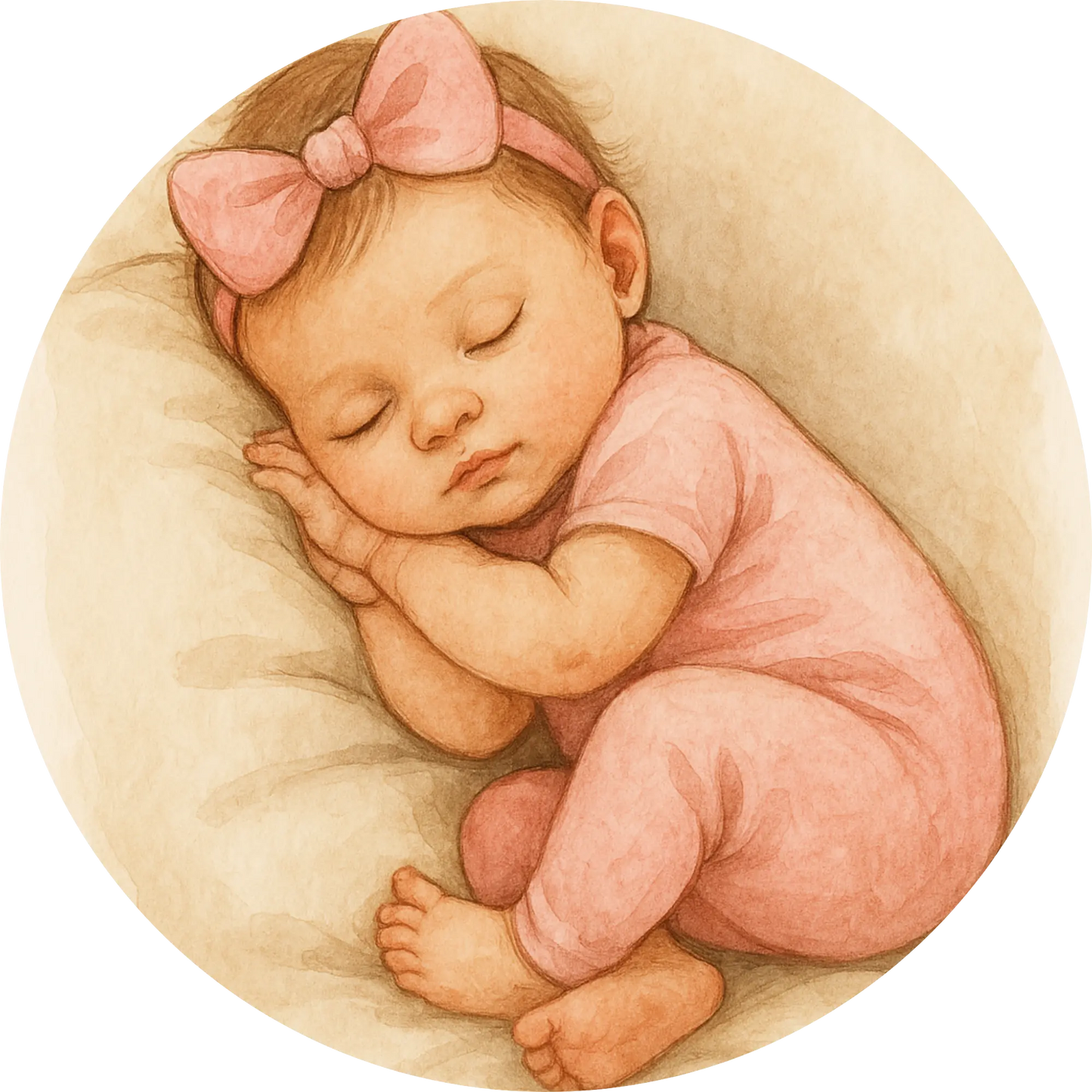 Baby mit rosa Schleife schläft auf Kissen – Neugeborenenmotiv für Mädchen