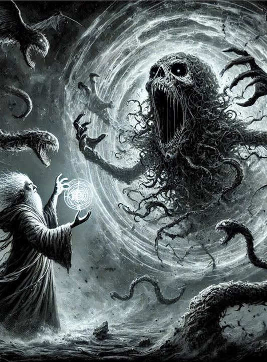 Unheimlicher, verzerrter Wald mit baumartigen Kreaturen, deren Äste wie knochige Hände greifen. Zwei Gestalten auf einem Pfad inmitten einer gespenstischen Atmosphäre