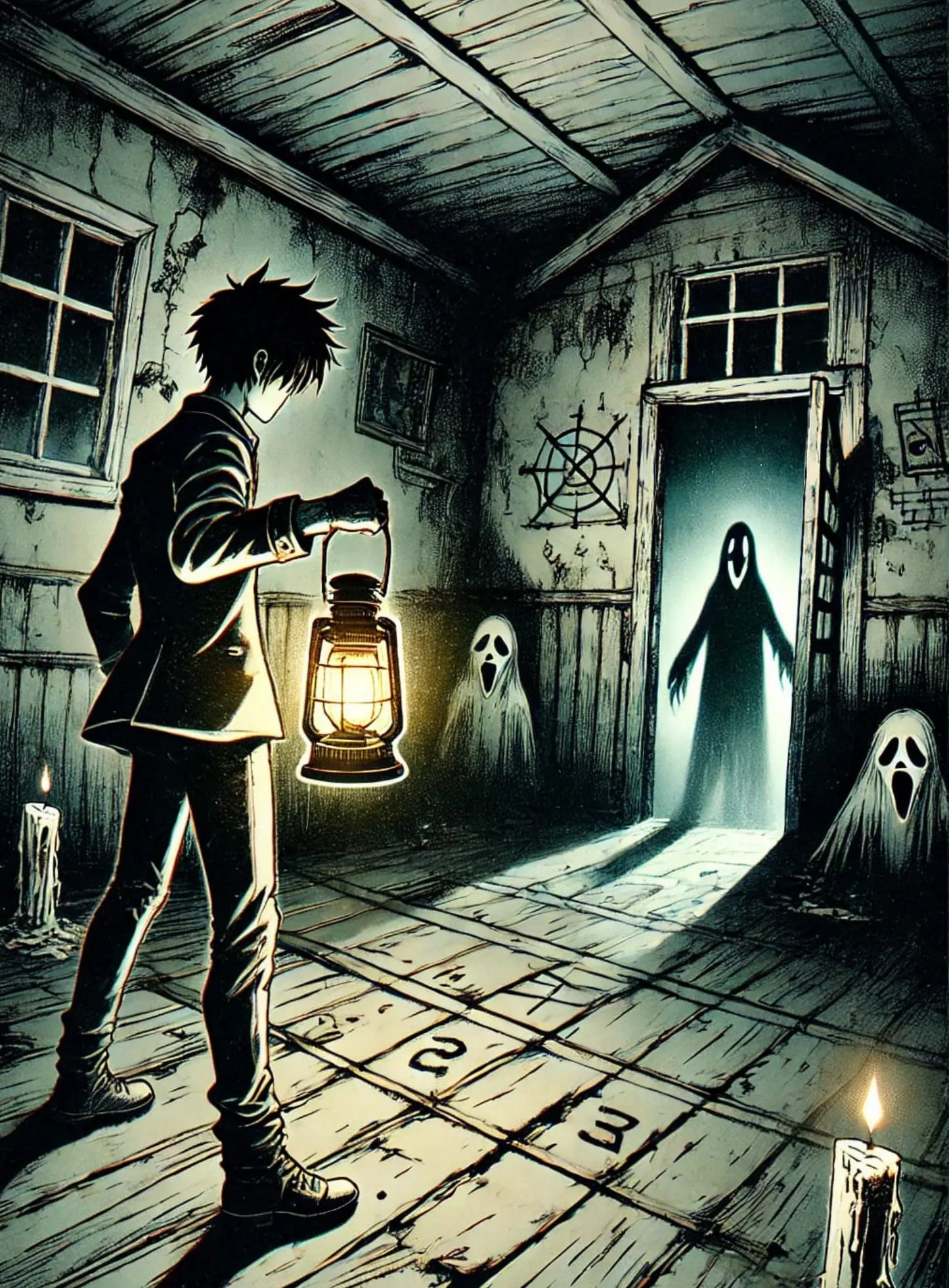 Manga-Horror-Szene mit Junge und Geistern:
Ein düster gezeichneter Junge hält eine Laterne in einem verlassenen Haus. Aus einer geöffneten Tür treten geisterhafte Gestalten hervor – eine stimmungsvolle Manga-Szene im Mystery-Horror-Stil.