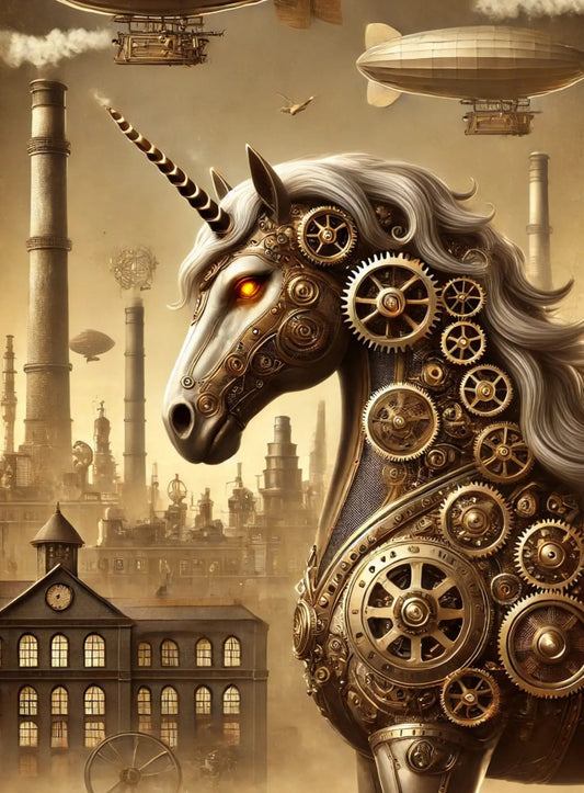 Mechanisches Einhorn in Messingfarben vor einer historischen Stadtkulisse – Steampunk-Stil mit Zahnrädern und Bronzeeffekt.