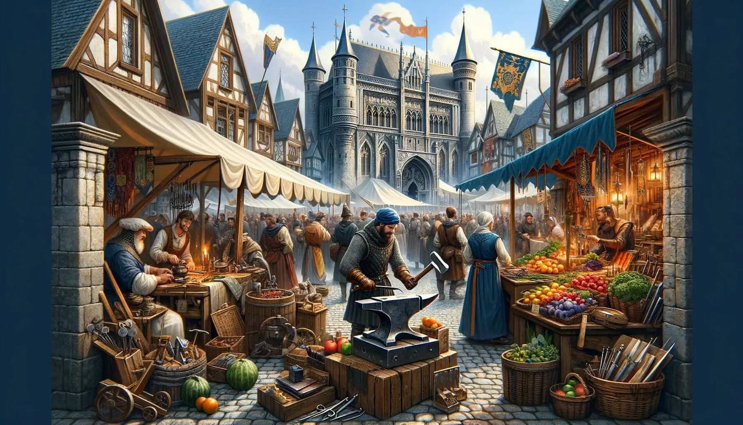 Lebhafter Marktplatz in einer mittelalterlichen Stadt – reges Treiben zwischen Ständen, Fachwerkhäusern und Stadtmauern.