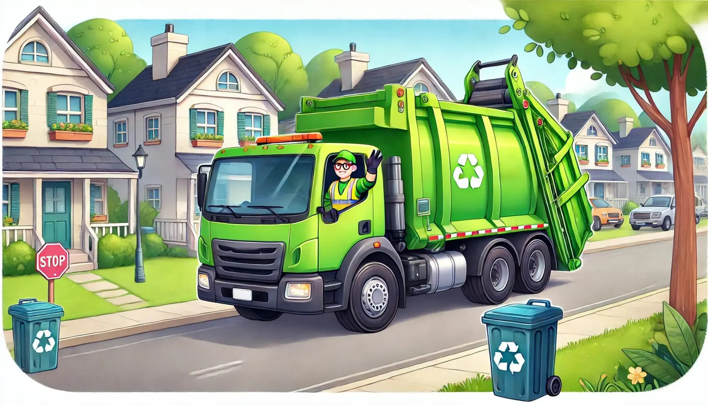 Müllabfuhr-Fahrzeug fährt durch ein Wohngebiet mit zwei Mitarbeitern