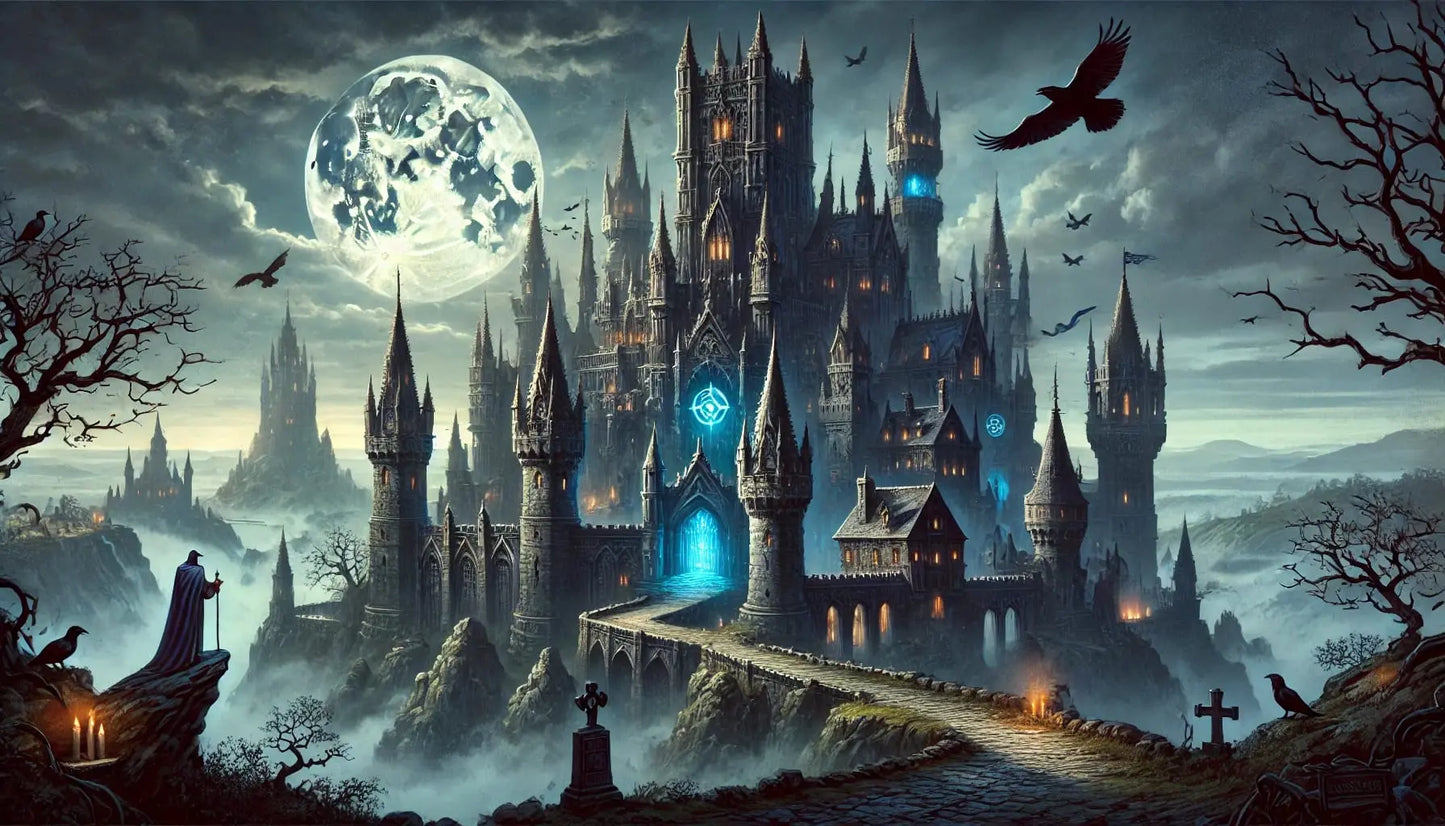 Düsteres Zauberschloss mit vielen Türmen, beleuchtet von einem leuchtenden Vollmond, im Hintergrund ein Magier in dunklem Umhang – geheimnisvolle Fantasy-Stimmung mit Raben und Nebelschwaden.