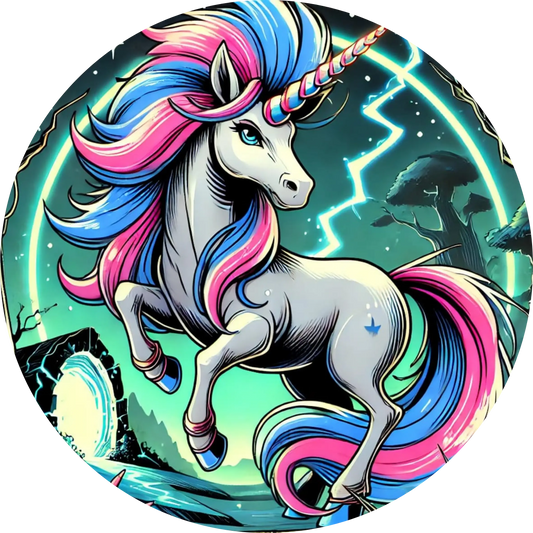 Neonfarbenes Einhorn mit leuchtender Mähne auf dunklem Hintergrund