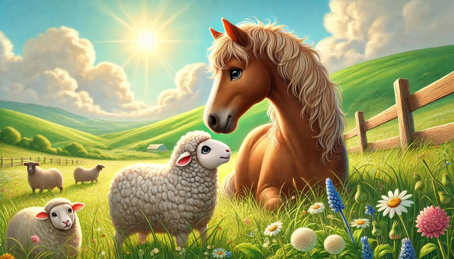 Pferd mit Fohlen und Schaf auf Frühlingswiese bei Sonnenuntergang.