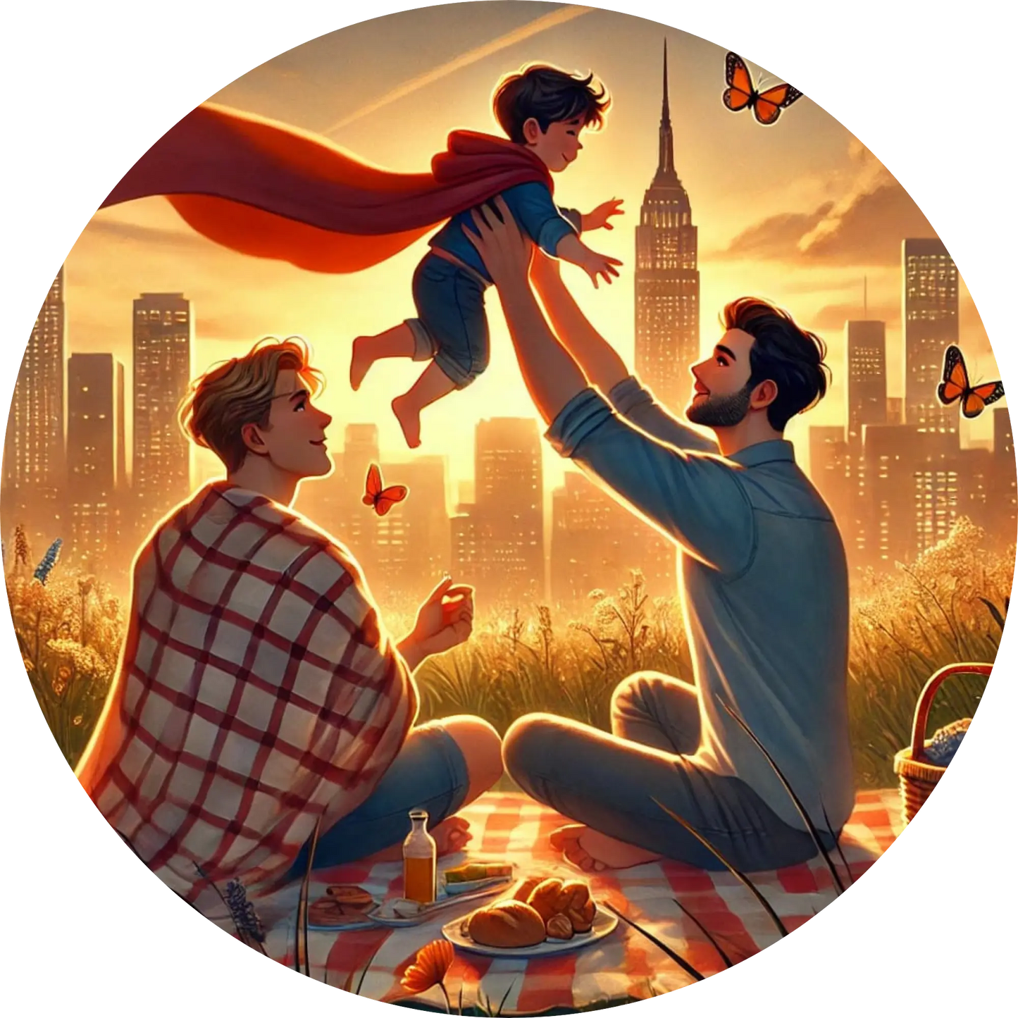 Zwei Männer beim Picknick, einer hebt ein Kind mit rotem Cape hoch – im Sonnenuntergang vor Stadtsilhouette.