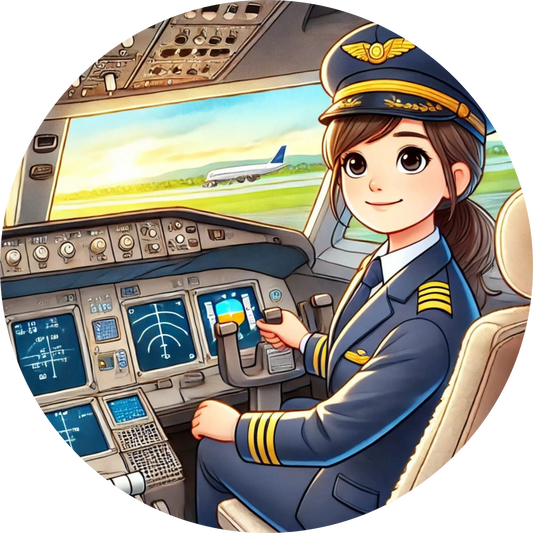 Eine Pilotin im Cockpit eines modernen Flugzeugs – Comic-Stil mit Uniform und Headset, technische Details im Hintergrund.