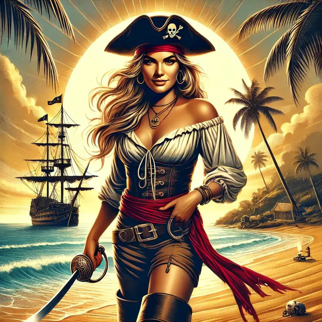 Piratin am Strand bei Sonnenuntergang
Eine selbstbewusste Piratin mit Säbel vor Palmen und Schiffen in tropischer Kulisse – kraftvolle Darstellung weiblicher Piratenlegende.