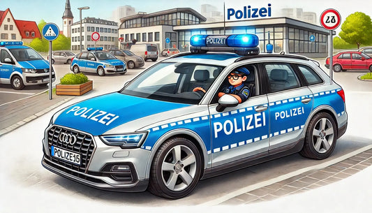 Polizeiauto mit zwei Polizisten im Stadtverkehr