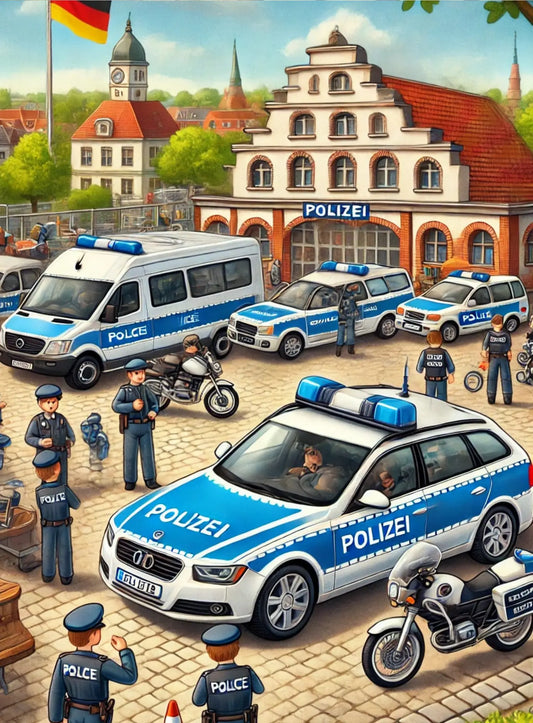 Polizeiauto fährt durch eine Altstadt mit Fachwerkhäusern.