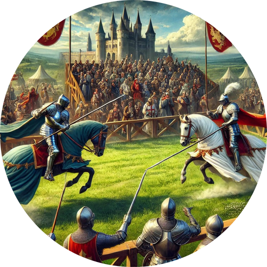 Ritterturnier mit Lanzenkampf – zwei Ritter auf Pferden treffen in Aktion aufeinander.