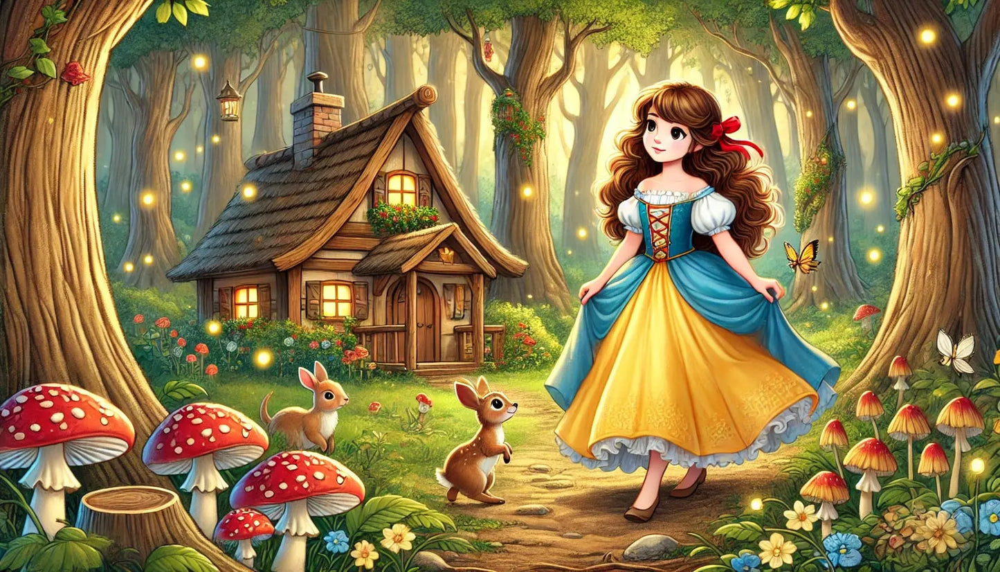 Schneewittchen steht vor einem hübschen Häuschen im Wald, umgeben von roten Pilzen und magischer Atmosphäre.