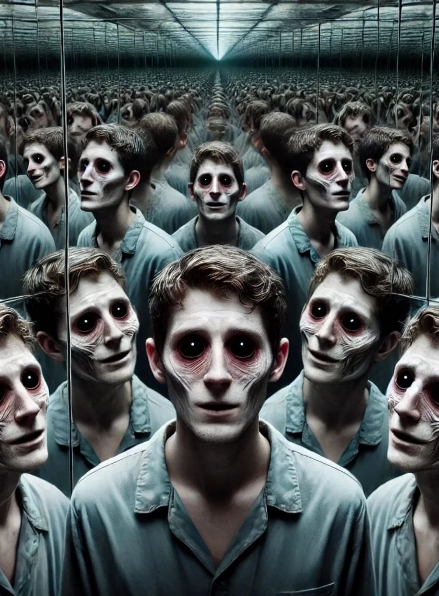 Gruselige Menschenmenge mit ausdruckslosen Gesichtern und dunklen Augenhöhlen. Albtraumhafte Darstellung von Gleichschaltung und Identitätsverlust.