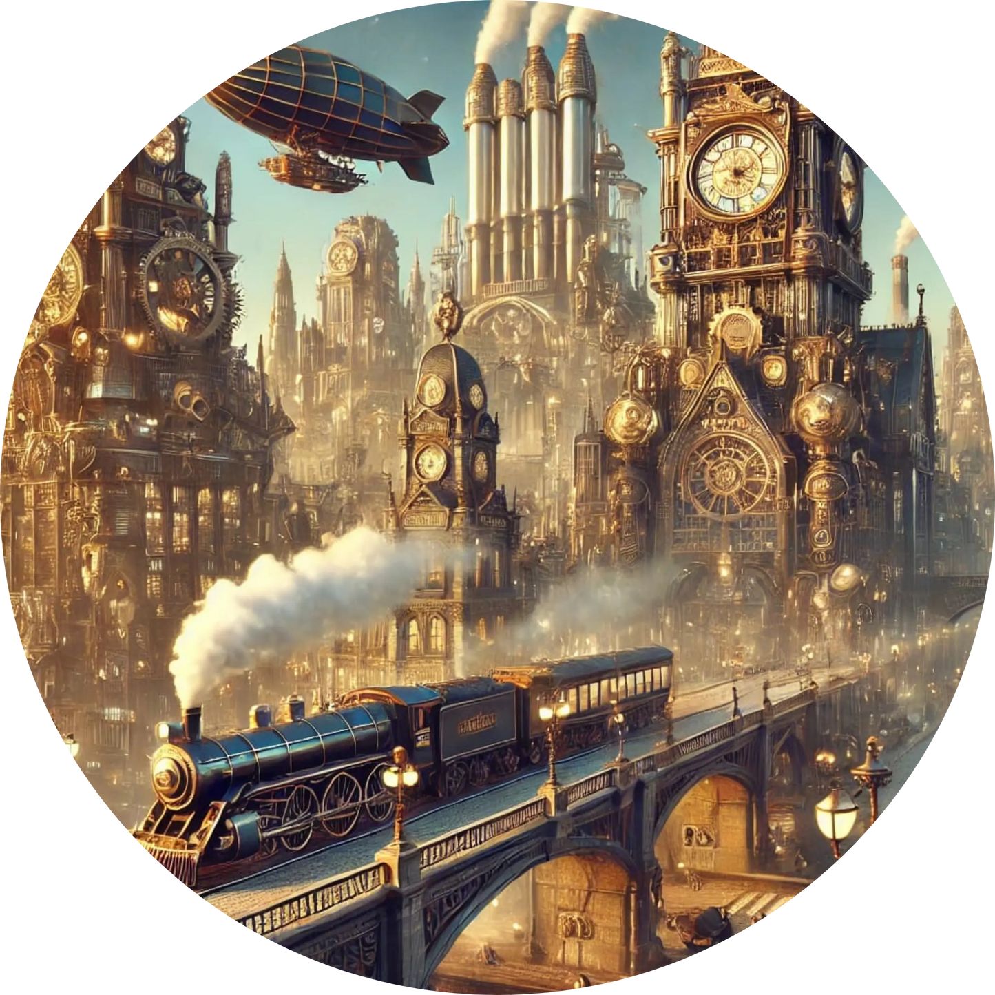 Steampunk-Stadt mit Zug und mechanischen Details
