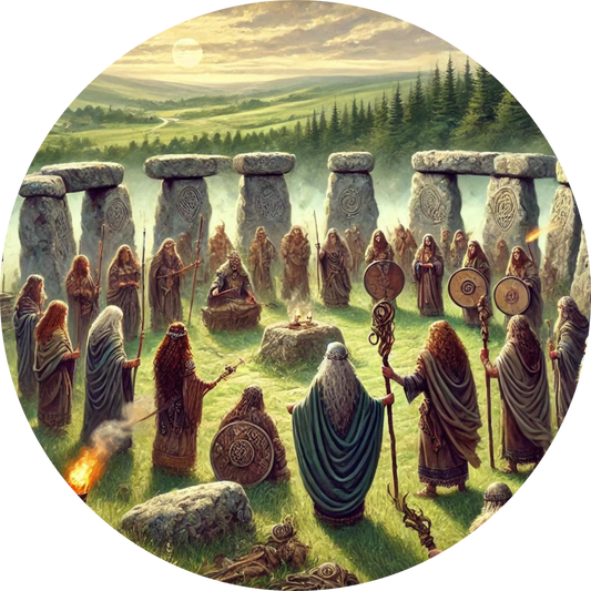 Keltischer Steinkreis mit Druiden – Mehrere Druiden führen ein Ritual bei Sonnenaufgang zwischen mächtigen Steinkreisen durch.