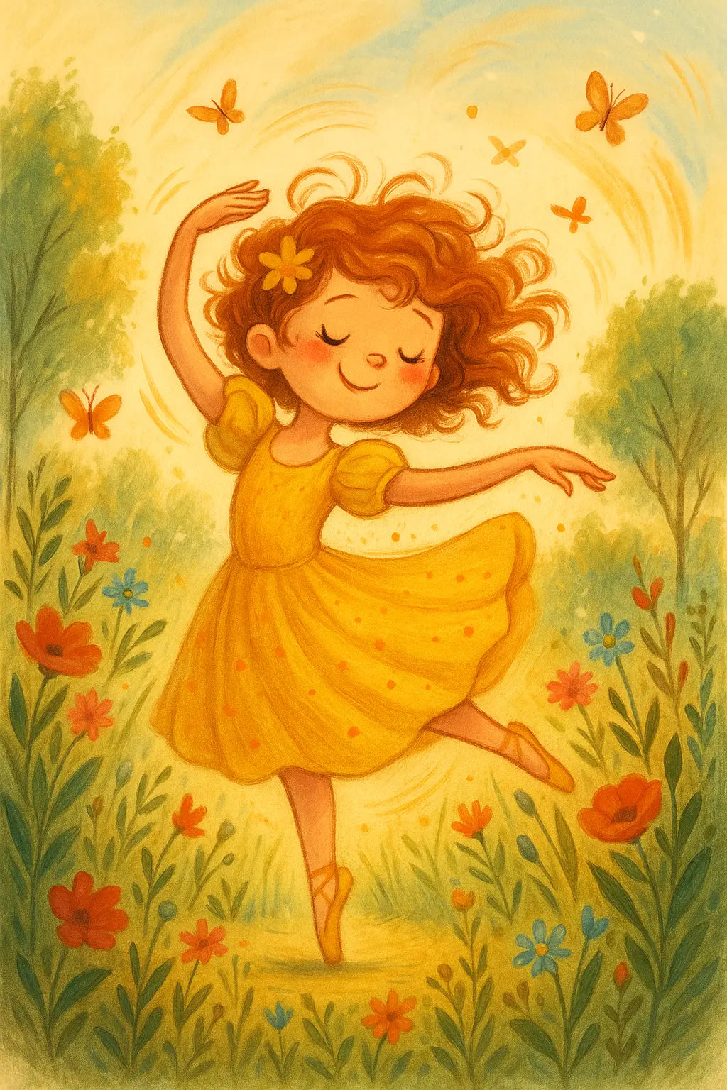 Kindergartenkind in bunter Kleidung tanzt auf einer Blumenwiese – dynamische Szene im stilisierten Storybook-Look.