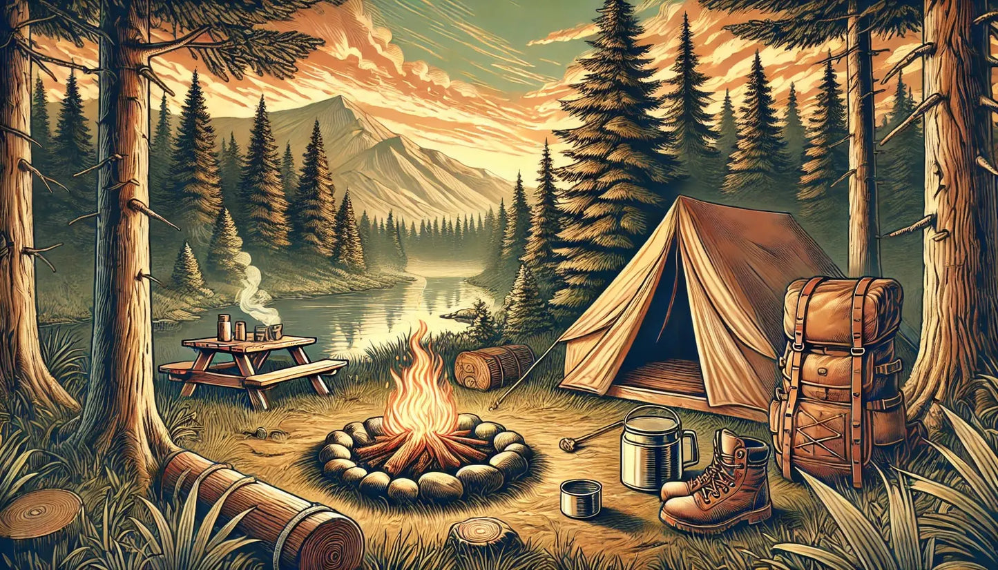 Zeltlager mit Lagerfeuer im Wald
Ein gemütliches Zeltlager mit Lagerfeuer, Rucksack, Wanderschuhen und Picknicktisch am Ufer eines Waldsees.