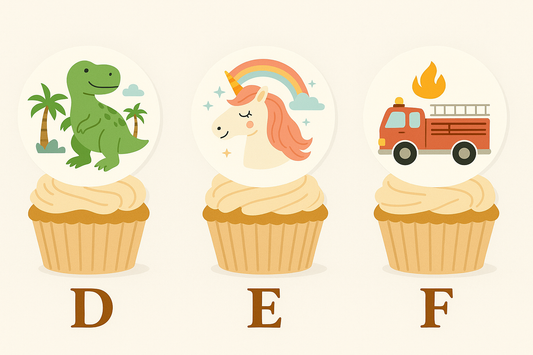 Tortenaufleger-ABC-Teil-2-D-wie-Dino-E-wie-Einhorn-F-wie-Feuerwehr Tisch&Torte