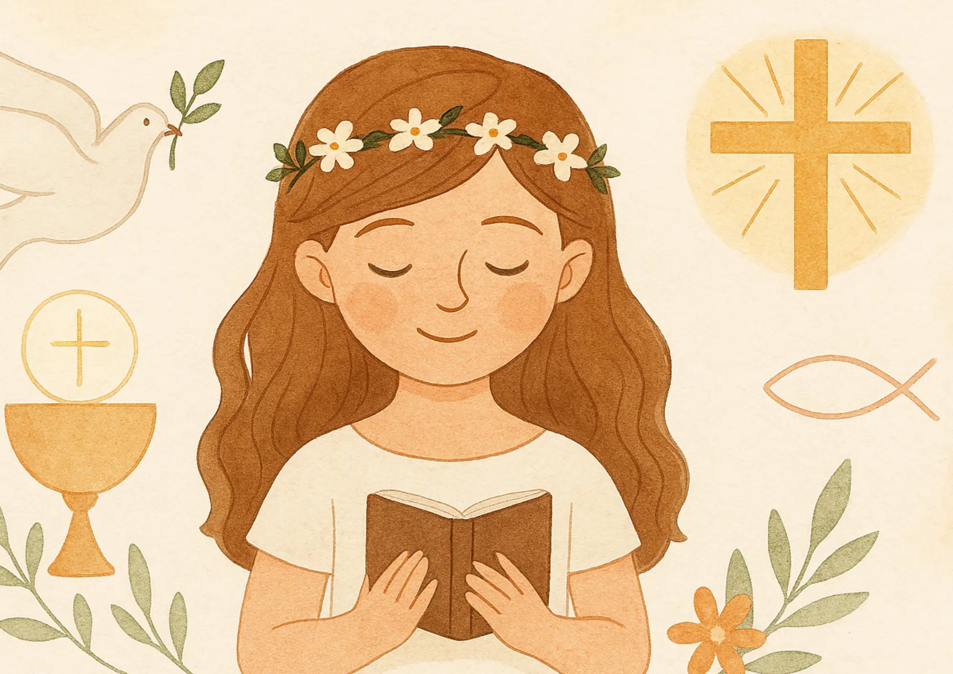 Mädchen mit Kelch und Fischsymbol – klassische Darstellung zur Kommunion