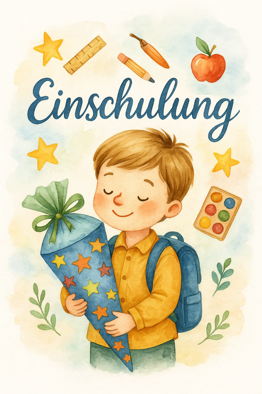 Junge mit Schultüte vor hellblauem Hintergrund und Einschrift „Einschulung“