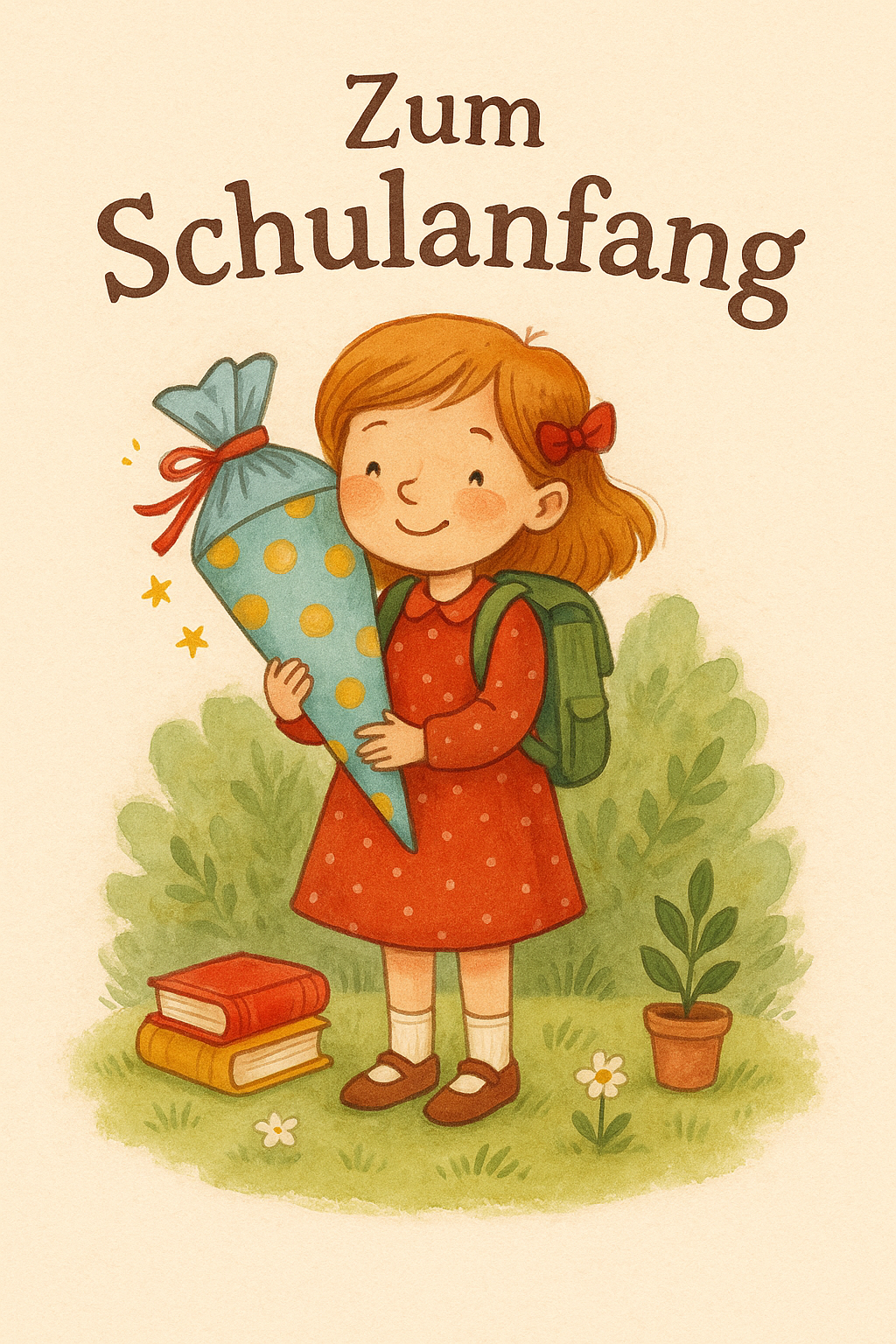 Mädchen mit Zöpfen und Schultüte, Text: „Zum Schulanfang“
