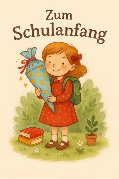 Mädchen mit Zöpfen und Schultüte, Text: „Zum Schulanfang“