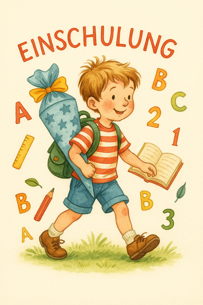 Junge mit Ranzen und Schultüte, Buchstaben ABC und Text: „Einschulung“
