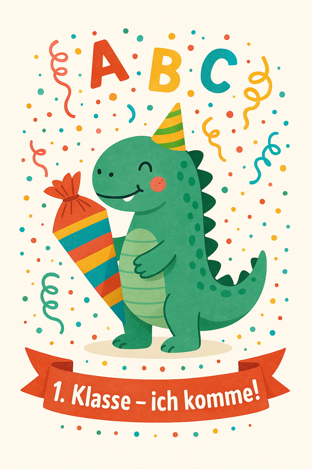 Grüner Dino mit Schultüte, Text: „1. Klasse – ich komme!“
